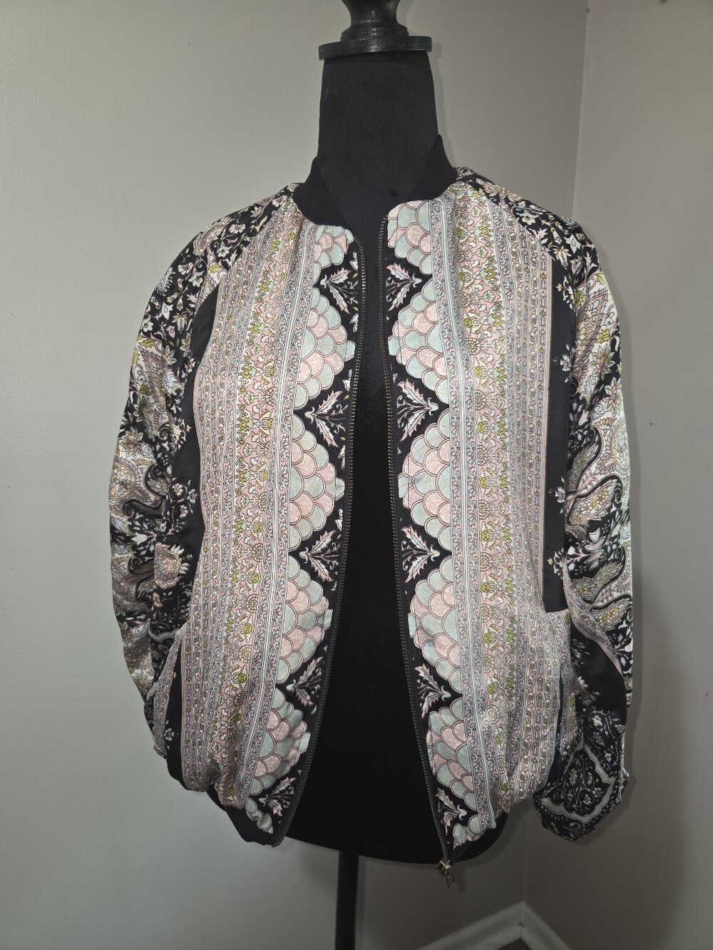 Floral-Print Bomber Jacket in Black and Pastel